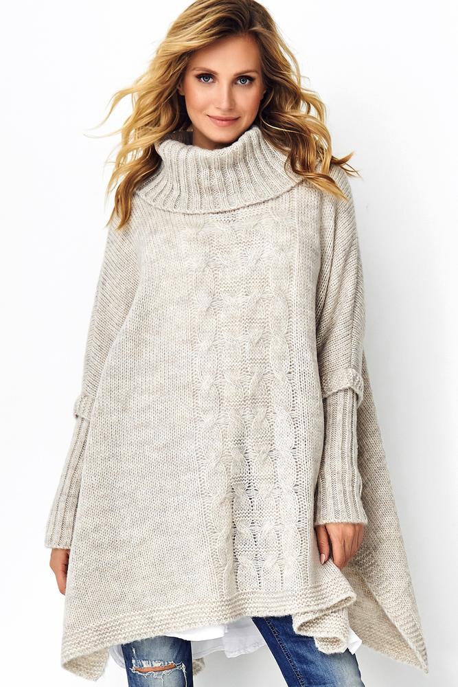 MAKADAMIA SWETER PONCHO BEŻOWY MELANŻ S91