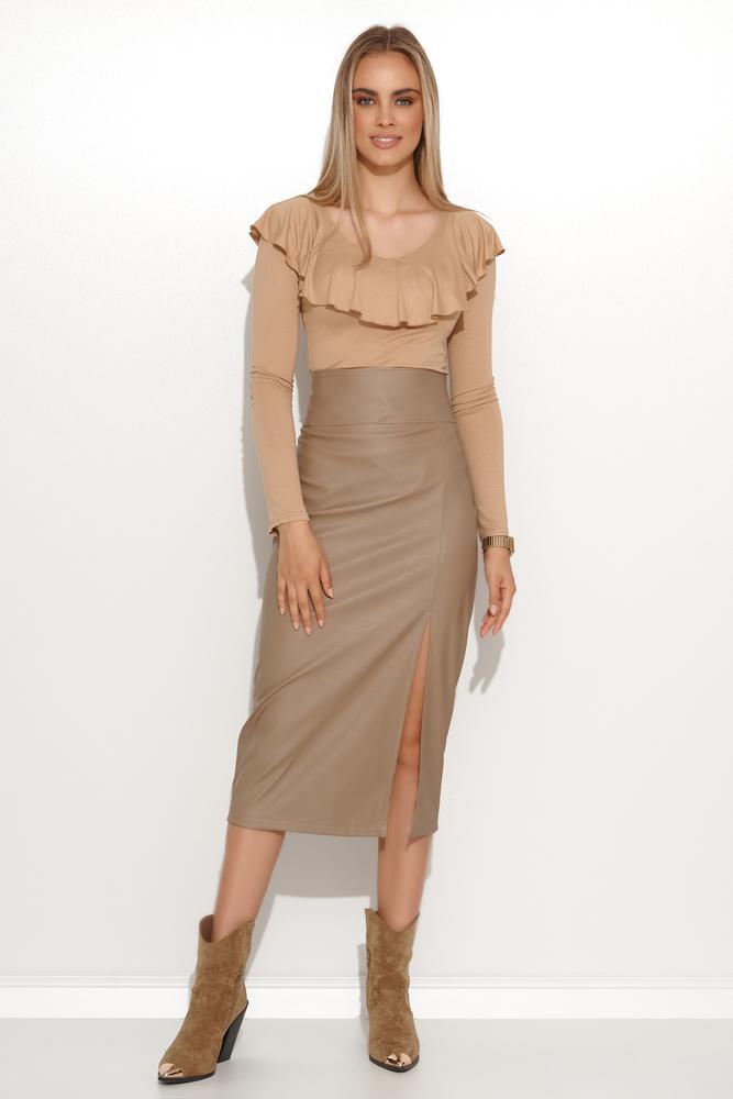 MAKADAMIA SKÓRZANA SPÓDNICA OŁÓWKOWA MIDI M680