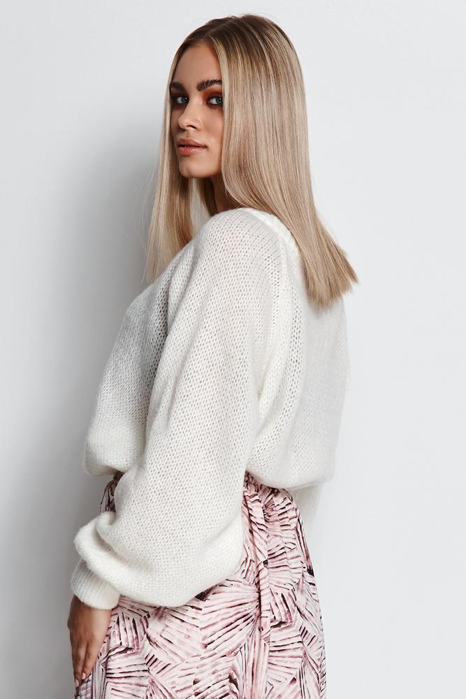 MAKADAMIA SWETER DAMSKI WKŁADANY PRZEZ GŁOWĘ ZE ŚCIĄGACZEM BABY PINK S114