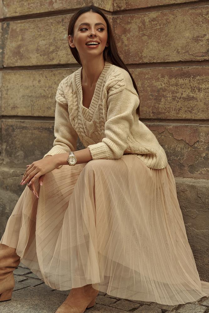 NUMINOU SWETER DAMSKI W SEREK Z WARKOCZAMI BABY PINK NU_S88