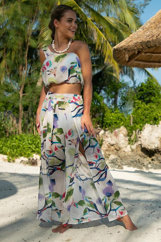 PRIMO 2-CZĘŚCIOWY KOMPLET PLAŻOWY Z SZEROKIMI SPODNIAMI I TOPEM NA JEDNO RAMIĘ Z SZYFONU 288