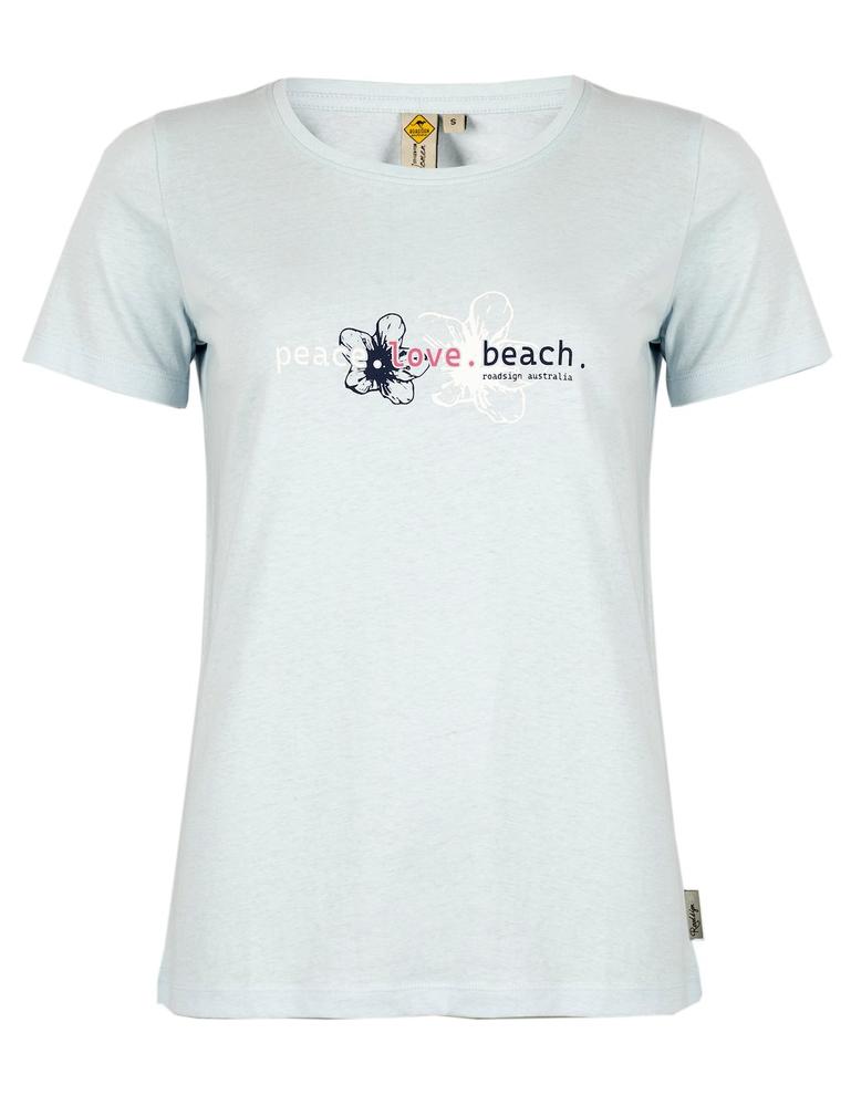 RAJ-POL ROADSIGN THEME 3 DAMSKI T-SHIRT PEACE-LOVE-BEACH, NIEBIESKI 18-005739-2, 18-005739-3, 18-005739-1, 18-005739-4, 18-005739-5