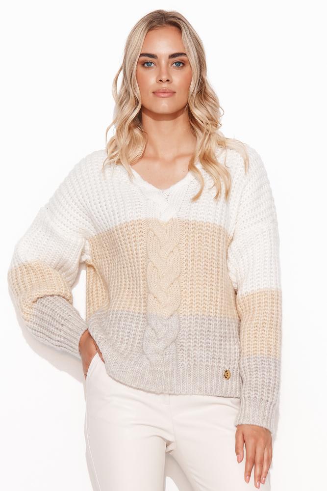 MAKADAMIA SWETER DAMSKI Z DEKOLTEM W SEREK ECRU I JASNY BEŻ S129