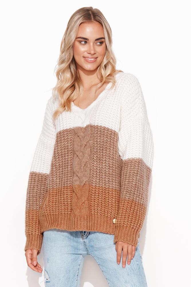 MAKADAMIA SWETER DAMSKI Z DEKOLTEM W SEREK ECRU I JASNY BEŻ S129