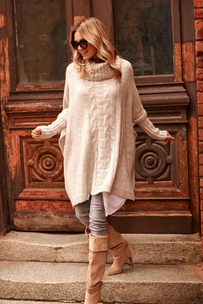 MAKADAMIA SWETER PONCHO BEŻOWY MELANŻ S91