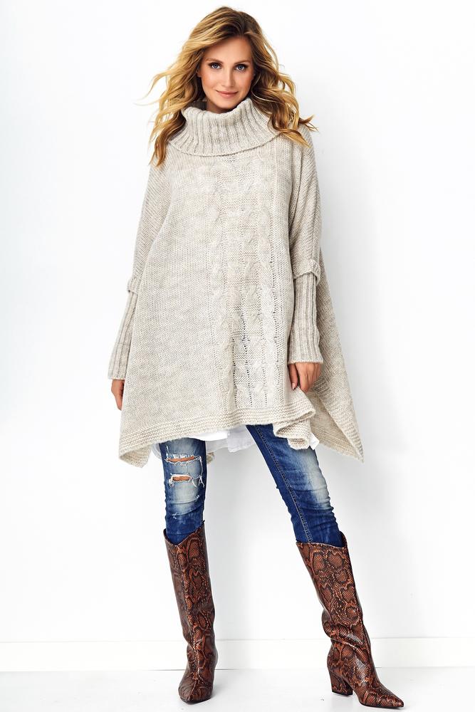 MAKADAMIA SWETER PONCHO BEŻOWY MELANŻ S91