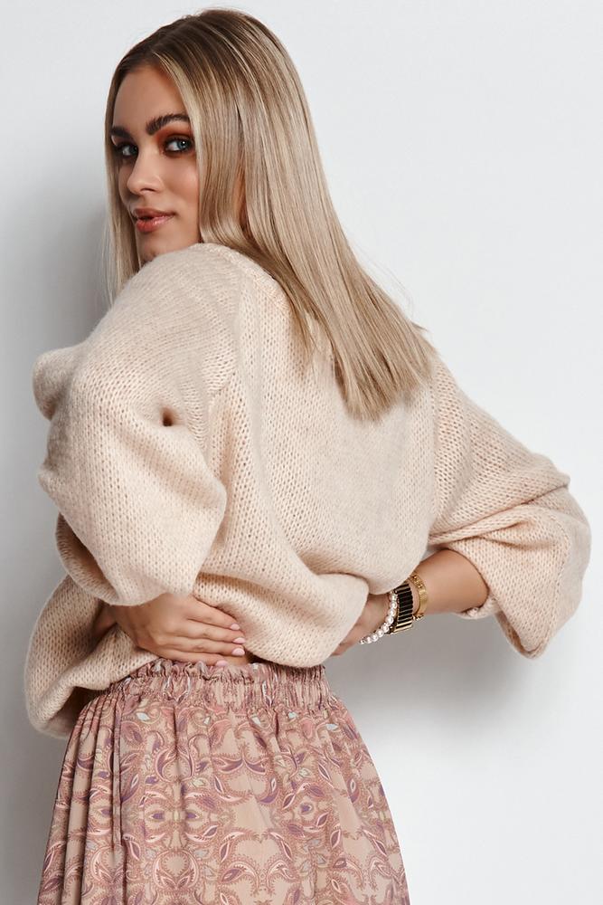MAKADAMIA SWETER DAMSKI WKŁADANY PRZEZ GŁOWĘ ZE ŚCIĄGACZEM BABY PINK S114